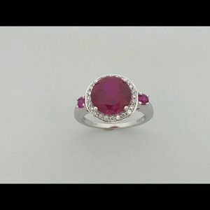 Created Ruby with White Topaz Ring 925 Silver